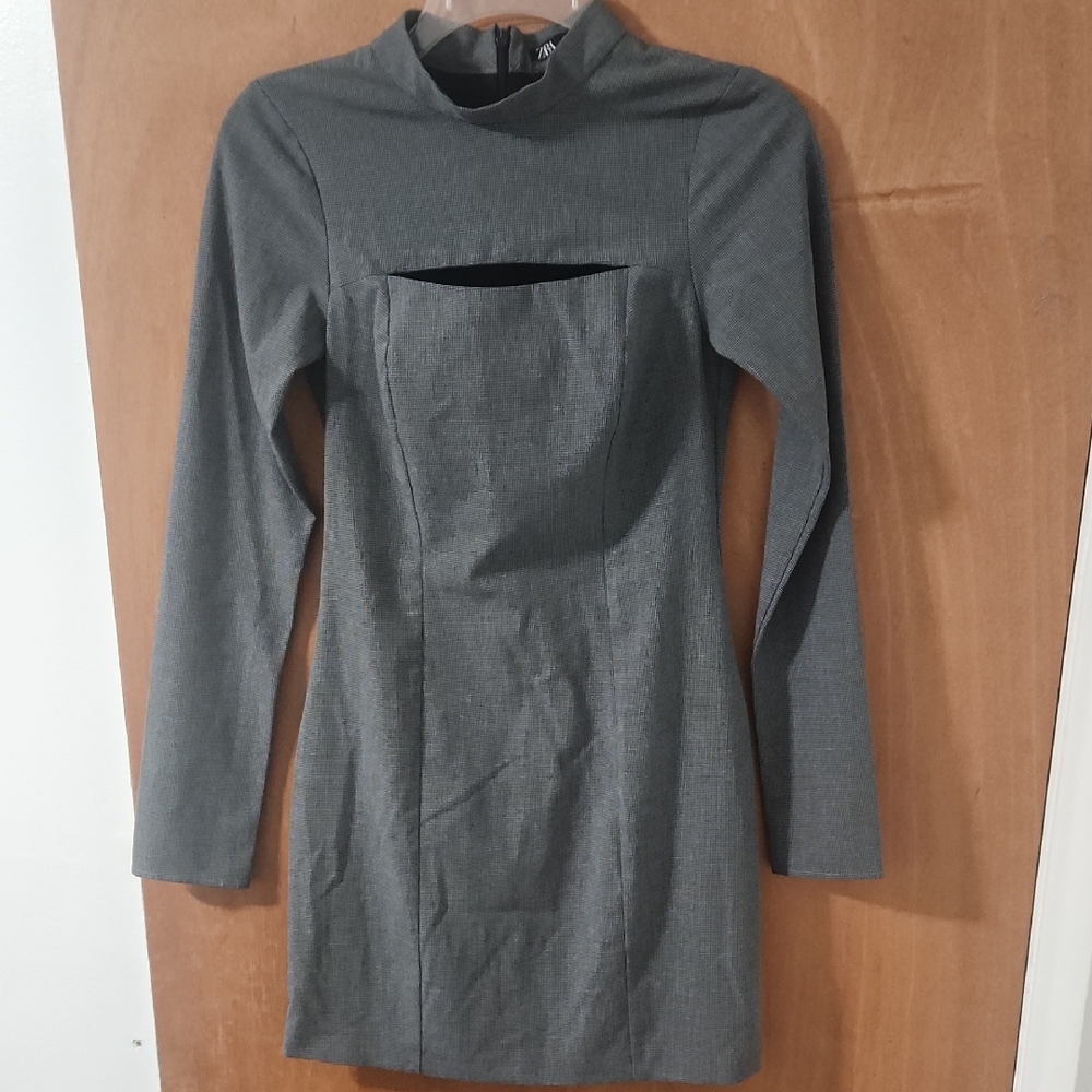 Zara Fitted Zip Up Long Sleeve Grey Dress With Cut Out Detail Size XS
